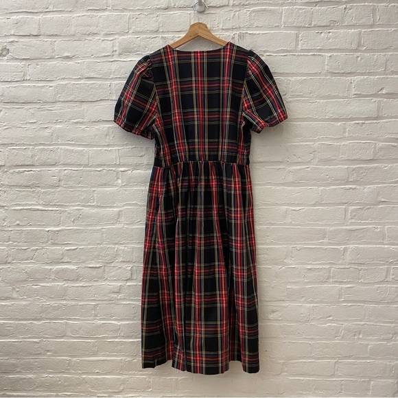 J.Crew || Stewart Tartan Puff-Sleeve Midi Dress With Jeweled Buttons Black 14 - Picture 6 of 9